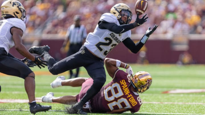 Colorado Buffaloes wide receiver Grant Page (23) intercepts a pass intended for Minnesota Golden Gophers tight end Brevyn Spann-Ford (88) in the first quarter at Huntington Bank Stadium. (Matt Blewett-USA TODAY Sports)