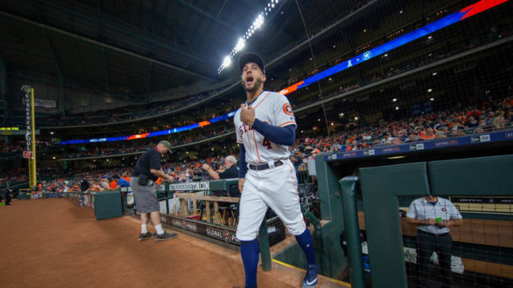 HOUSTON, TX - SEPTEMBER 02: Houston Astros center fielder George Springer (4) reacts stepping out of the dugout prior to a baseball game between the Houston Astros and the Los Angeles Angels on September 02, 2018, at Minute Maid Park in Houston, TX. (Photo by Juan DeLeon/Icon Sportswire via Getty Images)
