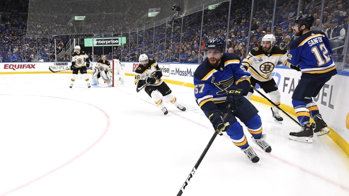 ST. LOUIS, MISSOURI – JUNE 09: David Perron #57 of the St. Louis Blues plays the puck in the corner during the second period of Game Six of the 2019 NHL Stanley Cup Final at Enterprise Center on June 09, 2019 in St Louis, Missouri. (Photo by Brian Babineau/NHLI via Getty Images)