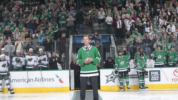 DALLAS, TX - MARCH 31: Former Dallas Star Mike Modano is welcomed by the fans as part of the Stars 25th anniversary season before a game between the Minnesota Wild and the Dallas Stars at the American Airlines Center on March 31, 2018 in Dallas, Texas. (Photo by Glenn James/NHLI via Getty Images)