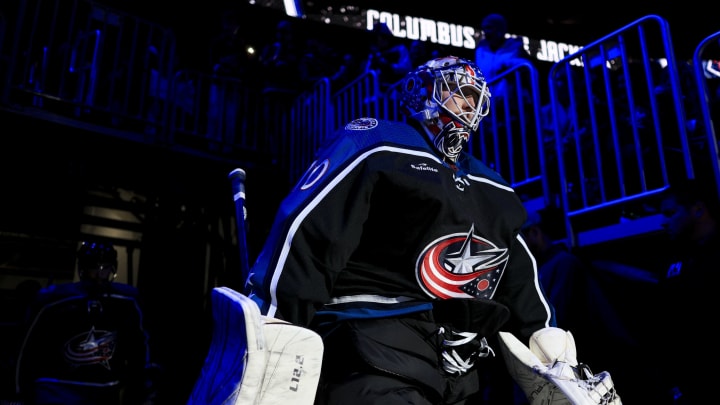 Dec 9, 2022; Columbus, Ohio, USA; Columbus Blue Jackets goaltender Joonas Korpisalo (70) takes the ice prior to the game against the Calgary Flames at Nationwide Arena. Mandatory Credit: Aaron Doster-USA TODAY Sports