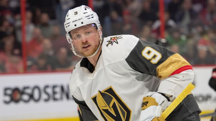 Nov 3, 2022; Ottawa, Ontario, CAN; Vegas Golden Knights center Jack Eichel (9) follows the puck in the second period against the Ottawa Senators at the Canadian Tire Centre. Mandatory Credit: Marc DesRosiers-USA TODAY Sports