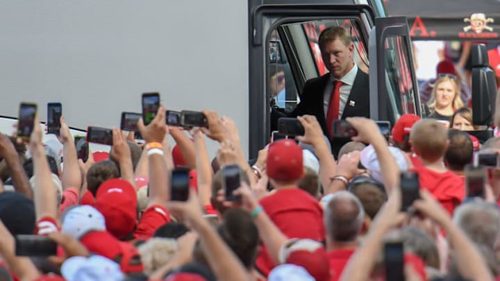 LINCOLN, NE - SEPTEMBER 01: Head coach Scott Frost of the Nebraska Cornhuskers exits the bus in front of fans before the game against the Akron Zips at Memorial Stadium on September 1, 2018 in Lincoln, Nebraska. (Photo by Steven Branscombe/Getty Images)