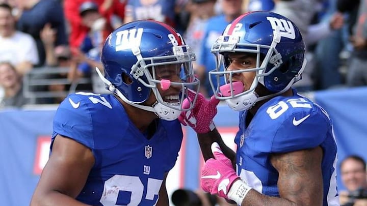 Oct 16, 2016; East Rutherford, NJ, USA; New York Giants wide receiver Roger Lewis (82) celebrates his touchdown against the Baltimore Ravens with New York Giants wide receiver Sterling Shepard (87) during the second quarter at MetLife Stadium. Mandatory Credit: Brad Penner-USA TODAY Sports