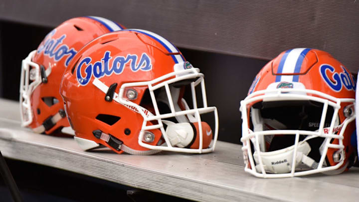 NASHVILLE, TN - OCTOBER 01: A helmet of the University of Florida Gators rests on the sideline during a game against the Vanderbilt Commodores at Vanderbilt Stadium on October 1, 2016 in Nashville, Tennessee. (Photo by Frederick Breedon/Getty Images)