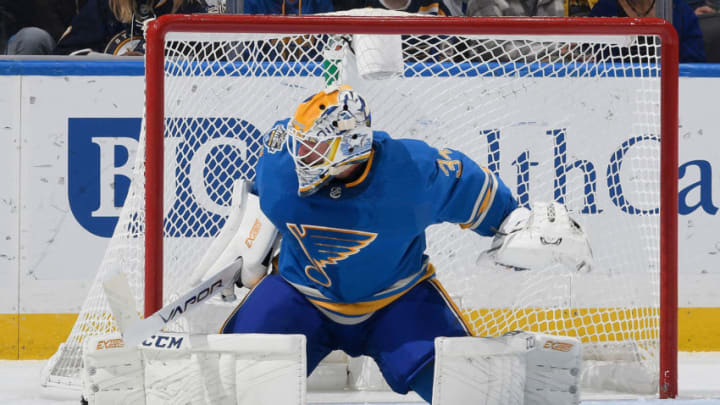 ST. LOUIS, MO - OCTOBER 17: Jake Allen #34 of the St. Louis Blues makes a save against the Montreal Canadiens at Enterprise Center on October 17, 2019 in St. Louis, Missouri. (Photo by Scott Rovak/NHLI via Getty Images)