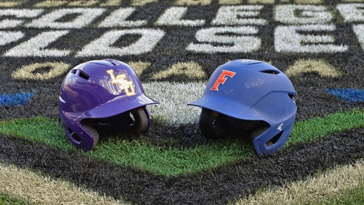 Omaha, NE – JUNE 26: A general view of of a LSU Tigers and the Florida Gators batting helmets, prior game one of the College World Series Championship Series on June 26, 2017 at TD Ameritrade Park in Omaha, Nebraska. (Photo by Peter Aiken/Getty Images)