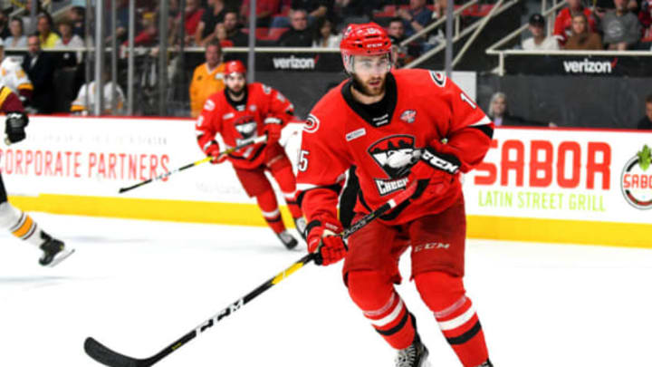 CHARLOTTE, NC – JUNE 01: Charlotte Checkers center Nicolas Roy (15) during game one of the Calder Cup finals between the Chicago Wolves and the Charlotte Checkers on June 01, 2019 at Bojangles Coliseum in Charlotte,NC.(Photo by Dannie Walls/Icon Sportswire via Getty Images)