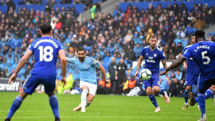 CARDIFF, WALES - SEPTEMBER 22: Ilkay Gundogan of Manchester City scores his team's third goal during the Premier League match between Cardiff City and Manchester City at Cardiff City Stadium on September 22, 2018 in Cardiff, United Kingdom. (Photo by Dan Mullan/Getty Images)