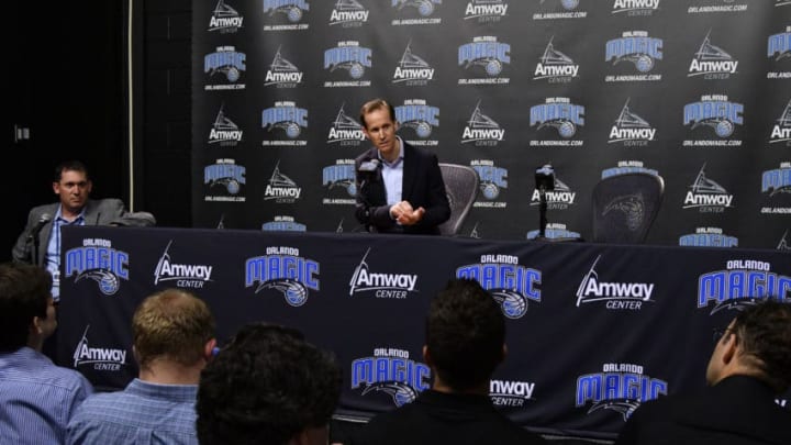ORLANDO, FL - JUNE 22: Orlando Magic President of Basketball Operations Jeff Weltman addresses the media during the 2017 NBA Draft on June 22, 2017 at Amway Center in Orlando, Florida. NOTE TO USER: User expressly acknowledges and agrees that, by downloading and or using this photograph, User is consenting to the terms and conditions of the Getty Images License Agreement. Mandatory Copyright Notice: Copyright 2017 NBAE (Photo by Fernando Medina/NBAE via Getty Images)