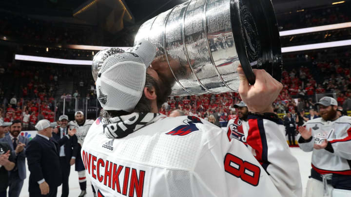 LAS VEGAS, NV – JUNE 07: Captain Alex Ovechkin #8 of the Washington Capitals kisses the Stanley Cup after Game Five of the 2018 NHL Stanley Cup Final between the Washington Capitals and the Vegas Golden Knights at T-Mobile Arena on June 7, 2018 in Las Vegas, Nevada. The Capitals defeated the Golden Knights 4-3 to win the Stanley Cup Final Series 4-1. (Photo by Dave Sandford/NHLI via Getty Images)