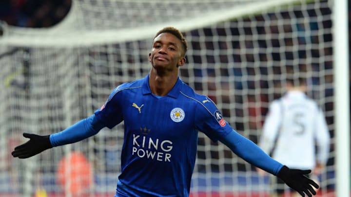 LEICESTER, ENGLAND - FEBRUARY 08: Demarai Gray of Leicester City celebrates after scoring to make it 3-1 during the Emirates FA Cup Fourth Round Replay match between Leicester City and Derby County at King Power Stadium on February 08 , 2017 in Leicester, United Kingdom. (Photo by Plumb Images/Leicester City FC via Getty Images)