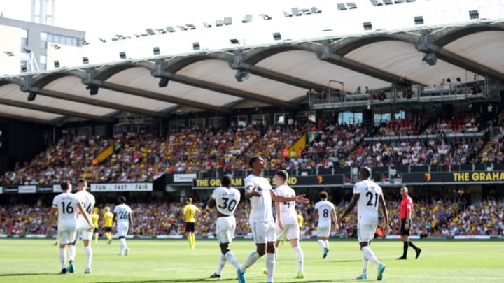 WATFORD, ENGLAND - AUGUST 24: Sebastien Haller of West Ham United celebrates after scoring his team's third goal during the Premier League match between Watford FC and West Ham United at Vicarage Road on August 24, 2019 in Watford, United Kingdom. (Photo by Christopher Lee/Getty Images)