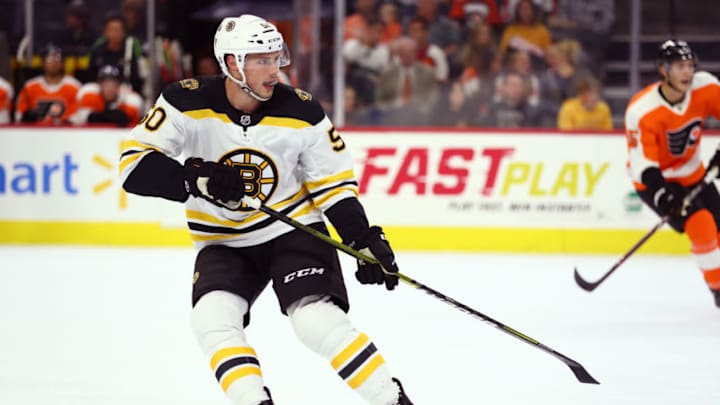 PHILADELPHIA, PA - SEPTEMBER 19: Bruins C Brendan Gaunce (50) skates through the offensive zone in the first period during the game between the Boston Bruins and Philadelphia Flyers on September 19, 2019 at Wells Fargo Center in Philadelphia, PA. (Photo by Kyle Ross/Icon Sportswire via Getty Images)