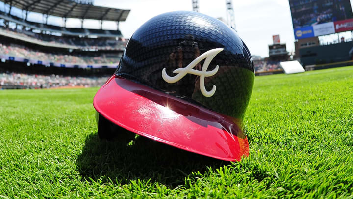 ATLANTA, GA – APRIL 16: The Atlanta Braves new carbon fiber pattern helmet is on display before the game against the San Diego Padres at SunTrust Park on April 16, 2017 in Atlanta, Georgia. (Photo by Scott Cunningham/Getty Images)