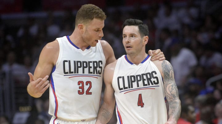 April 18, 2017; Los Angeles, CA, USA; Los Angeles Clippers forward Blake Griffin (32) speaks with Los Angeles Clippers guard JJ Redick (4) during a time out against the Utah Jazz in the second half in game two of the first round of the 2017 NBA Playoffs at Staples Center. Mandatory Credit: Gary A. Vasquez-USA TODAY Sports