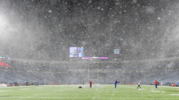 Dec 6, 2021; Orchard Park, New York, USA; Snow falls prior to the game between the New England Patriots and the Buffalo Bills at Highmark Stadium. Mandatory Credit: Rich Barnes-USA TODAY Sports