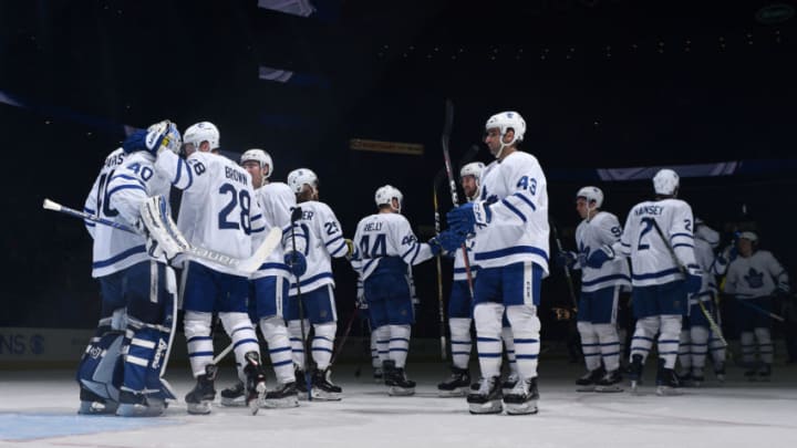 COLUMBUS, OH - DECEMBER 28: Connor Brown #28 and the Toronto Maple Leafs celebrate with goaltender Garret Sparks #40 of the Toronto Maple Leafs after defeating the Columbus Blue Jackets 4-2 in a game on December 28, 2018 at Nationwide Arena in Columbus, Ohio. (Photo by Jamie Sabau/NHLI via Getty Images)