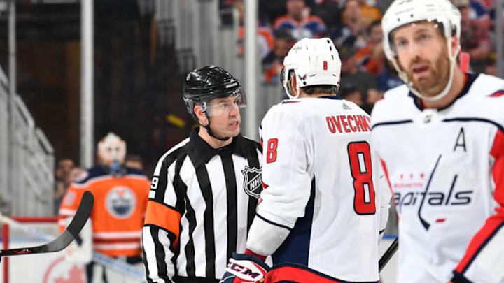 EDMONTON, AB - OCTOBER 25: Alex Ovechkin #8 of the Washington Capitals discusses the play with Ian Walsh during the game against the Edmonton Oilers on October 25, 2018 at Rogers Place in Edmonton, Alberta, Canada. (Photo by Andy Devlin/NHLI via Getty Images)