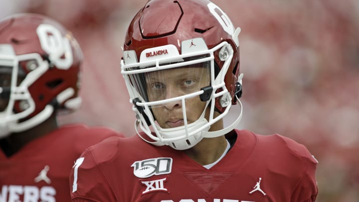 NORMAN, OK – SEPTEMBER 28: Quarterback Spencer Rattler #7 of the Oklahoma Sooners warms up before the game against the Texas Tech Red Raiders at Gaylord Family Oklahoma Memorial Stadium on September 28, 2019 in Norman, Oklahoma. (Photo by Brett Deering/Getty Images)