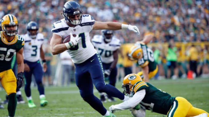 GREEN BAY, WI – SEPTEMBER 10: Nick Vannett #81 of the Seattle Seahawks is tackled during the second half against the Green Bay Packers at Lambeau Field on September 10, 2017 in Green Bay, Wisconsin. (Photo by Joe Robbins/Getty Images)