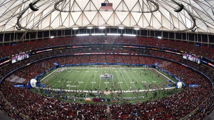 Dec 31, 2015; Atlanta, GA, USA; A general view of the Georgia Dome during the coin toss prior to the game between the Florida State Seminoles and the Houston Cougars in the 2015 Chick-fil-A Peach Bowl. Mandatory Credit: Dale Zanine-USA TODAY Sports