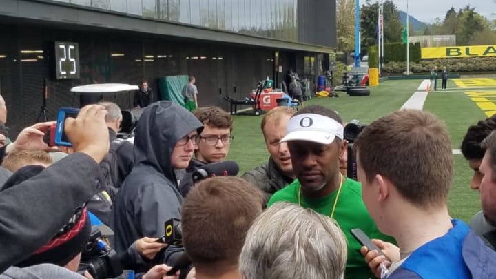 Oregon Head Coach Willie Taggart talks with the media before practice.Justin Phillips/KPNW Sports