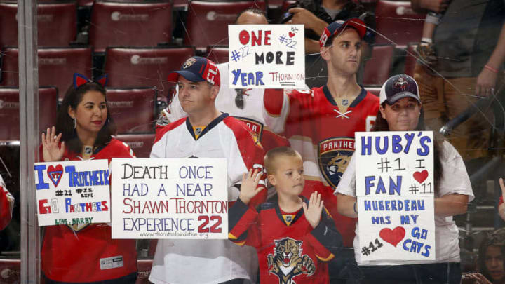 SUNRISE, FL - APRIL 6: Florida Panthers fans have messages of support for their team prior to the start of the game against the St. Louis Blues at the BB
