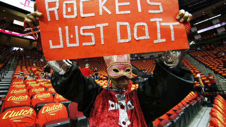 HOUSTON, TX – MAY 17: A Houston Rockets fan holds up a sign prior to Game Seven of the Western Conference Semifinals against the Los Angeles Clippers at the Toyota Center for the 2015 NBA Playoffs on May 17, 2015 in Houston, Texas. NOTE TO USER: User expressly acknowledges and agrees that, by downloading and/or using this photograph, user is consenting to the terms and conditions of the Getty Images License Agreement. (Photo by Scott Halleran/Getty Images)