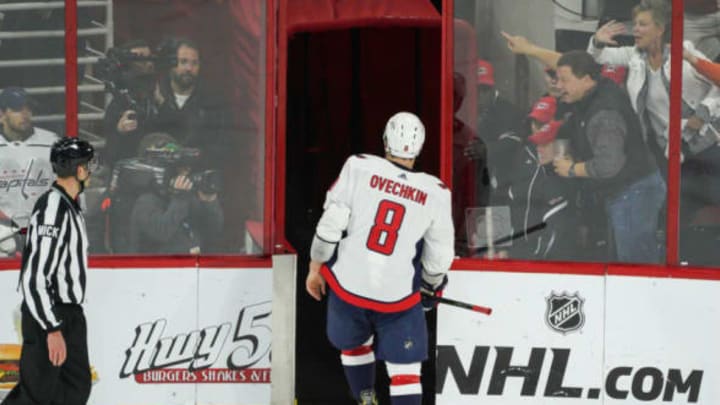 RALEIGH, NC – APRIL 22: Washington Capitals left wing Alex Ovechkin (8) leaves the ice after a late penalty during a game between the Carolina Hurricanes and the Washington Capitals on April 22, 2019 at the PNC Arena in Raleigh, NC. (Photo by Greg Thompson/Icon Sportswire via Getty Images)