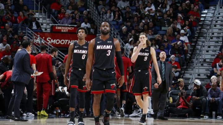 NEW ORLEANS, LA - DECEMBER 16: Dwyane Wade #3 is seen walking up court with the Miami Heat during the game against the New Orleans Pelicans on December 16, 2018 at the Smoothie King Center in New Orleans, Louisiana. NOTE TO USER: User expressly acknowledges and agrees that, by downloading and or using this Photograph, user is consenting to the terms and conditions of the Getty Images License Agreement. Mandatory Copyright Notice: Copyright 2018 NBAE (Photo by Jonathan Bachman/NBAE via Getty Images)