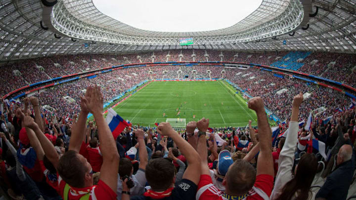 MOSCOW, RUSSIA - JUNE 14: General view of the stadium as fans celebrate the opening goal scored by Iury Gazinsky of Russia during the 2018 FIFA World Cup Russia Group A match between Russia and Saudi Arabia at Luzhniki Stadium on June 14, 2018 in Moscow, Russia. (Photo by Clive Rose/Getty Images)