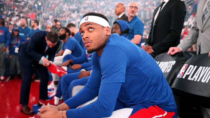 DETROIT, MI – APRIL 22: Bruce Brown #6 of the Detroit Pistons looks on before Game Four of Round One against the Milwaukee Bucks during the 2019 NBA Playoffs on April 22, 2019 at Little Caesars Arena in Detroit, Michigan. NOTE TO USER: User expressly acknowledges and agrees that, by downloading and/or using this photograph, user is consenting to the terms and conditions of the Getty Images License Agreement. Mandatory Copyright Notice: Copyright 2019 NBAE (Photo by Brian Sevald/NBAE via Getty Images)