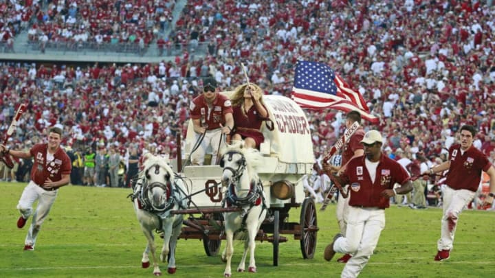 NORMAN, OK - SEPTEMBER 07: The Sooner Schooner rides after a touchdown against the South Dakota Coyotes at Gaylord Family Oklahoma Memorial Stadium on September 7, 2019 in Norman, Oklahoma. The Oklahoma Sooners defeated the South Dakota Coyotes 70-14. (Photo by Brett Deering/Getty Images)