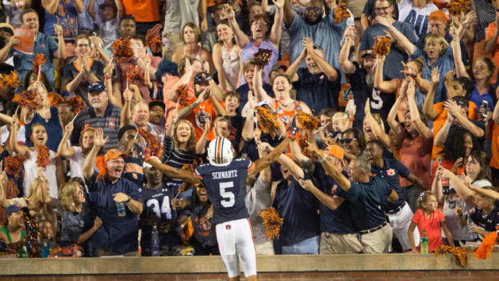 AUBURN, AL - SEPTEMBER 8: Wide receiver Anthony Schwartz #5 of the Auburn Tigers celebrates with fans after scoring a touchdown in the first half during their game against the Alabama State Hornets at Jordan-Hare Stadium on September 8, 2018 in Auburn, Alabama. (Photo by Michael Chang/Getty Images)