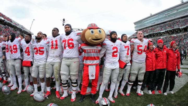 Nov 19, 2016; East Lansing, MI, USA; Ohio State Buckeyes celebrate a win over the Michigan State Spartans after a game at Spartan Stadium. Mandatory Credit: Mike Carter-USA TODAY Sports