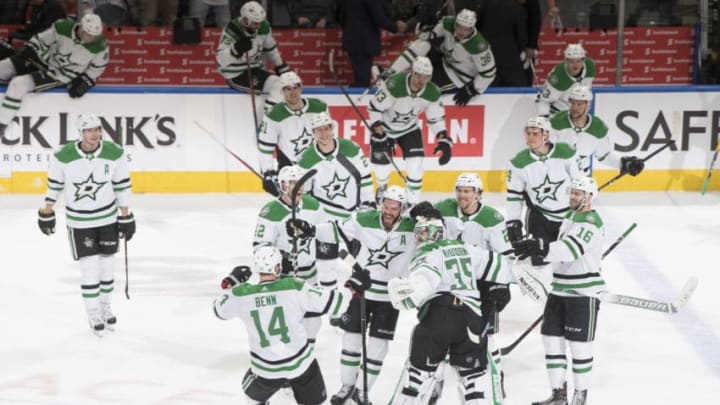 EDMONTON, AB - MARCH 28: The Dallas Stars celebrate their shootout win against the Edmonton Oilers on March 28, 2019 at Rogers Place in Edmonton, Alberta, Canada. (Photo by Andy Devlin/NHLI via Getty Images)