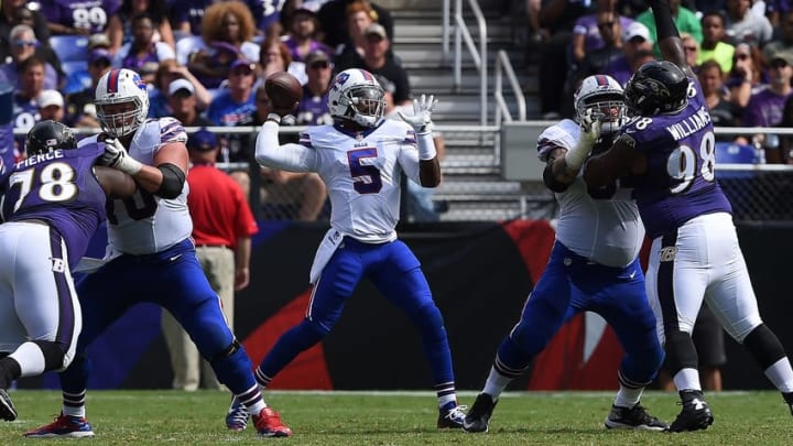 Sep 11, 2016; Baltimore, MD, USA; Buffalo Bills quarterback Tyrod Taylor (5) throws the ball during the third quarter against the Baltimore Ravens at M&T Bank Stadium. The Ravens won 13-7. Mandatory Credit: Tommy Gilligan-USA TODAY Sports