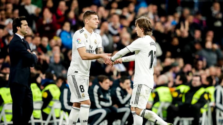 MADRID, SPAIN - JANUARY 24: (L-R) coach Santiago Solari of Real Madrid, Toni Kroos of Real Madrid, Luka Modric of Real Madrid during the Spanish Copa del Rey match between Real Madrid v Girona at the Santiago Bernabeu on January 24, 2019 in Madrid Spain (Photo by David S. Bustamante/Soccrates/Getty Images)