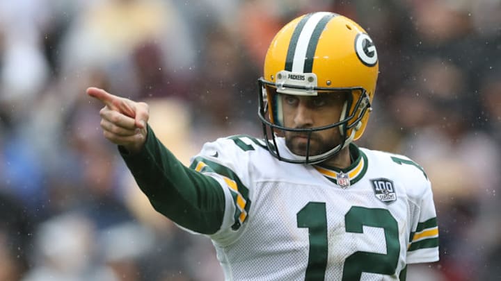 LANDOVER, MD - SEPTEMBER 23: Aaron Rodgers #12 of the Green Bay Packers celebrates after throwing a second quarter touchdown pass against the Washington Redskins at FedExField on September 23, 2018 in Landover, Maryland. (Photo by Rob Carr/Getty Images)