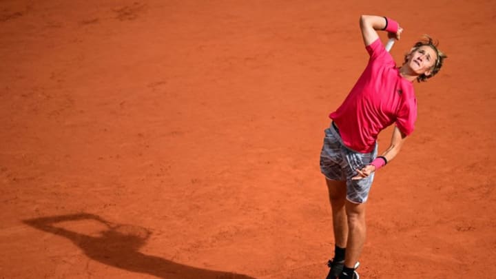 Sebastian Korda of the US serves the ball to Spain's Rafael Nadal during their men's singles fourth round tennis match on Day 8 of The Roland Garros 2020 French Open tennis tournament in Paris on October 4, 2020. (Photo by MARTIN BUREAU / AFP) (Photo by MARTIN BUREAU/AFP via Getty Images)