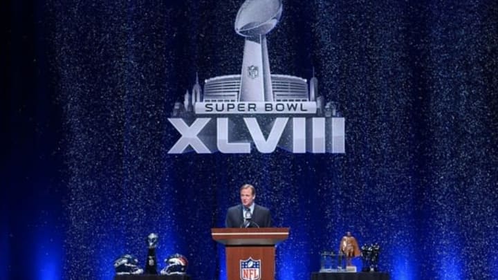 Jan 31, 2014; New York, NY, USA; NFL commissioner Roger Goodell addresses the media as snow falls inside the Rose Theater in advance of Super Bowl XLVIII. Mandatory Credit: Kirby Lee-USA TODAY Sports