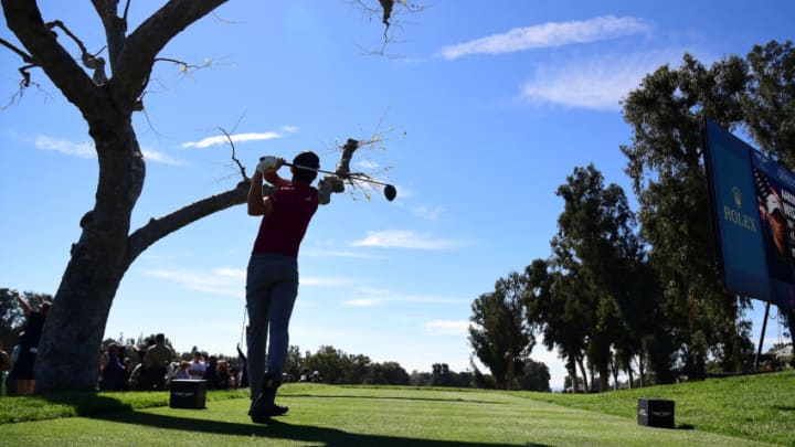 Feb 19, 2022; Pacific Palisades, California, USA; Joaquin Niemann hits from the third tee during the third round of the Genesis Invitational golf tournament. Mandatory Credit: Gary A. Vasquez-USA TODAY Sports