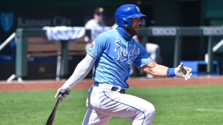 KANSAS CITY, MISSOURI - SEPTEMBER 13: Alex Gordon #4 of the Kansas City Royals grounds out to score Salvador Perez in the first inning against the Pittsburgh Pirates at Kauffman Stadium on September 13, 2020 in Kansas City, Missouri. (Photo by Ed Zurga/Getty Images)