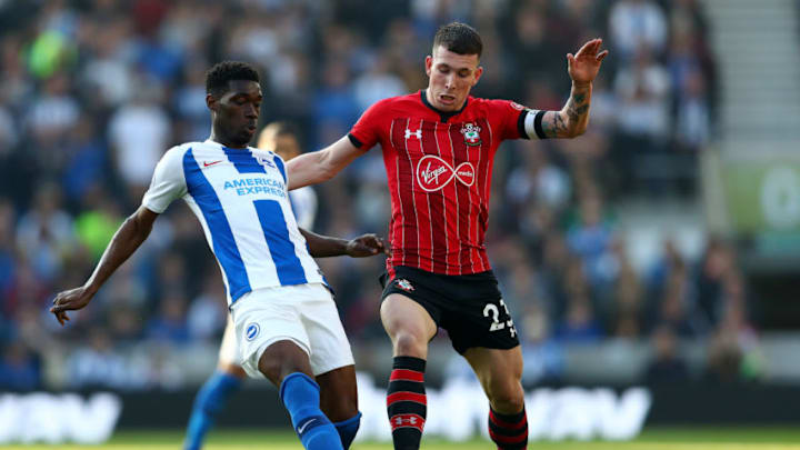 BRIGHTON, ENGLAND – MARCH 30: Pierre-Emile Hojbjerg of Southampton battles for possession with Yves Bissouma of Brighton and Hove Albion during the Premier League match between Brighton & Hove Albion and Southampton FC at American Express Community Stadium on March 30, 2019 in Brighton, United Kingdom. (Photo by Dan Istitene/Getty Images)