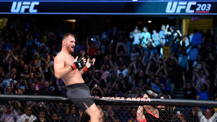 CLEVELAND, OH - SEPTEMBER 10: Stipe Miocic celebrates after defeating Alistair Overeem of The Netherlands in their UFC heavyweight championship bout during the UFC 203 event at Quicken Loans Arena on September 10, 2016 in Cleveland, Ohio. (Photo by Josh Hedges/Zuffa LLC/Zuffa LLC via Getty Images)