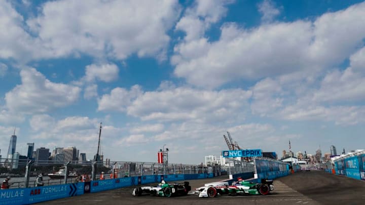 NEW YORK, NY - JULY 14: In this handout provided by FIA Formula E, Lucas Di Grassi (BRA), Audi Sport ABT Schaeffler, Audi e-tron FE04, leads Daniel Abt (GER), Audi Sport ABT Schaeffler, Audi e-tron FE04 during the New York City ePrix, Round 11 of the 2017/18 FIA Formula E Series on July 14, 2018 in New York, United States. (Photo by Steven Tee/FIA Formula E via Getty Images)