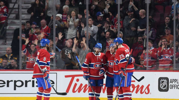 MONTREAL, QC - MARCH 2: Brendan Gallagher #11 of the Montreal Canadiens celebrates with teammates after scoring a goal against the Pittsburgh Penguins in the NHL game at the Bell Centre on March 2, 2019 in Montreal, Quebec, Canada. (Photo by Francois Lacasse/NHLI via Getty Images)