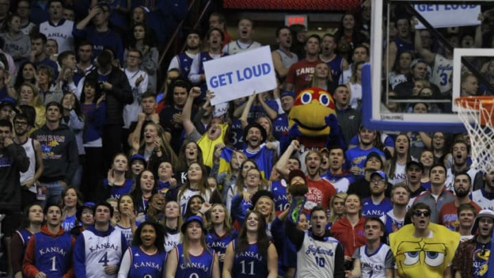 LAWRENCE, KS - FEBRUARY 3: Kansas Jayhawks' fans cheer on their team during a game against the Oklahoma State Cowboys at Allen Fieldhouse on February 3, 2018 in Lawrence, Kansas. (Photo by Ed Zurga/Getty Images) *** Local Caption ***