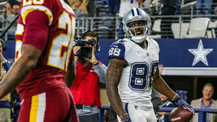 ARLINGTON, TX - NOVEMBER 30: Dallas Cowboys wide receiver Dez Bryant (88) smiles after catching a touchdown pass during the game between the Dallas Cowboys and the Washington Redskins on November 30, 2017 at the AT&T Stadium in Arlington, Texas. Dallas defeats Washington 38-14. (Photo by Matthew Pearce/Icon Sportswire via Getty Images)